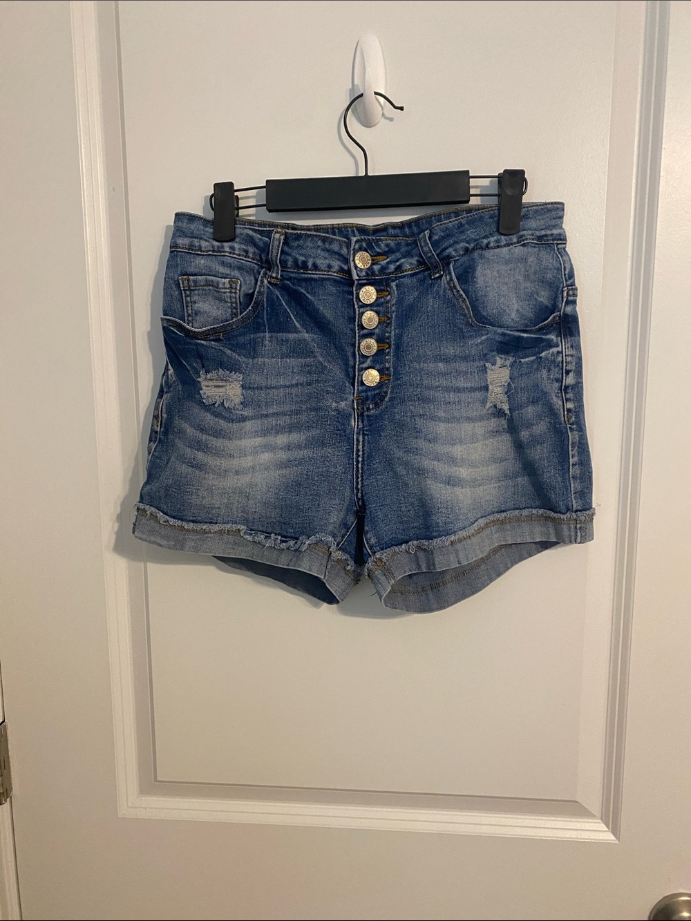High-Rise Button-Front Denim Shorts - Blue